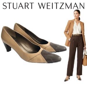 VTG Stuart Weitzman Tan Brown Pointed Toe Two Tone Luxury Slip On Pumps Heels